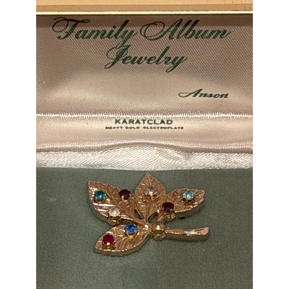 Anson Karatclad Vintage Gold Leaf Brooch Multi Color Rhinestone Pin with Box
